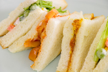 delicious sandwich with ham vegeable bread on  white dish , home made sandwich, health food