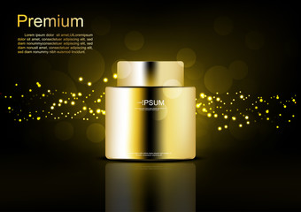 Cosmetic cream with gold glowing lights on black background