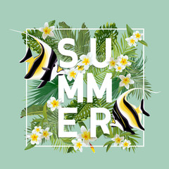 Tropical Flowers and Exotic Fish Background. Summer Design in Vector. T-shirt Fashion Graphic.
