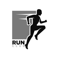 Fototapeta na wymiar Run club monochrome logotype with human in move
