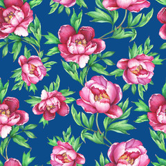Vintage floral seamless pattern with flowering pink peonies, on dark blue background. Elegance watercolor hand drawn painting illustration. Isolated. Design for fabric, wrap paper or wallpaper.  