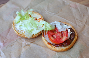 beef berger on table.