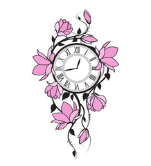 Naklejka premium Magnolia flowers and clock