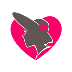 Beauty salon emblem with woman in hat inside heart