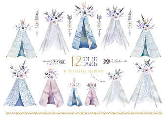 Hand drawn watercolor tribal teepee, isolated white campsite ten © kris_art