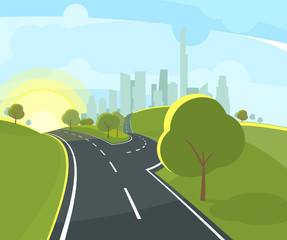 Vector illustration of panoramic urban landscape with highway in perspective and funny environment