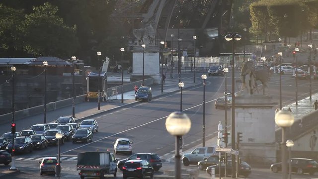 morning traffic in Paris city center, view from above