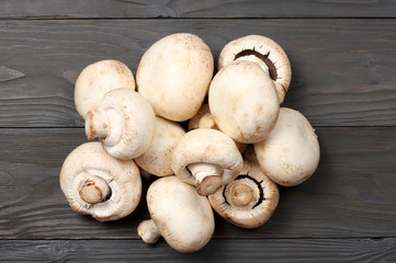 mushrooms on dark wooden background. top view with copy space