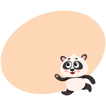 Cute and funny smiling baby panda character running, hurrying somewhere, cartoon vector illustration with space for text. Cute little panda bear character, mascot running fast
