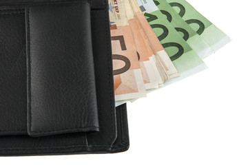 Euro in wallet isolated on white background
