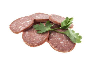 Rings sausages and parsley isolated on white background