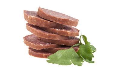 Rings sausages and parsley isolated on white background