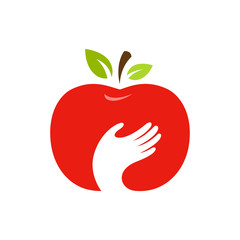 Apple and hand vector logo, label, emblem design.
