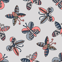 Vector hand drawn seamless pattern, decorative stylized childish butterflies. Doodle style, tribal graphic illustration Cute hand drawing in vintage colors. Series of doodle, cartoon, illustrations - 158458674