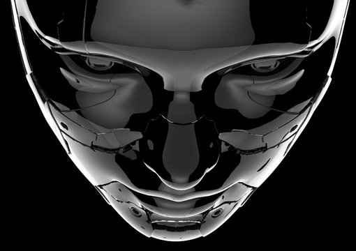 The head of a cyborg on a black background.