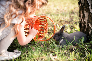 Happy girl with rabbit in the basket