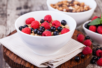 muesli breakfast on a wooden table