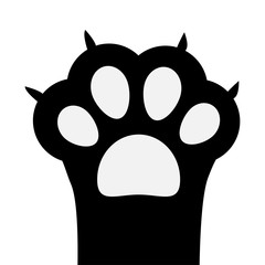 Big black cat paw print leg foot with nail claw. Cute cartoon character body part silhouette. Baby pet collection. Flat design. Isolated. White background.