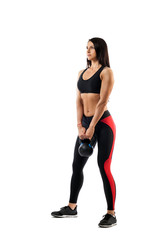 Slender brunette woman doing exhalation with weight on biceps on white isolated background, front...