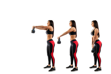 Fototapeta premium Slender brunette woman doing exhalation with weight on biceps on white isolated background, view from left side, stage exercises on biceps