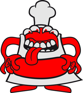 hunger grillen chef koch essen wurst würstchen schürze viele augen maul fressen süß niedlich komisch lustig monster klein frech böse horror comic cartoon
