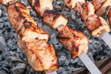 meat on skewers on fire