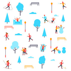 Winter people in the park. Flat design vector illustration.