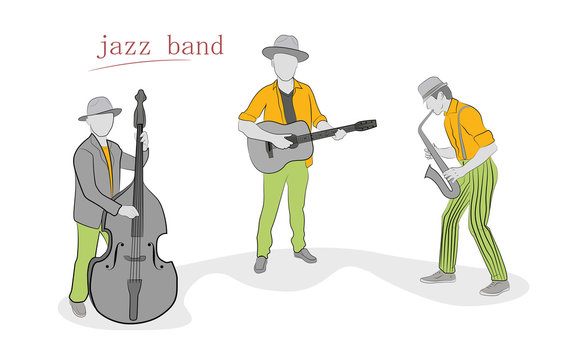 Jazz band with different musical instruments. Hand drawn cartoon vector illustration for design and infographics.