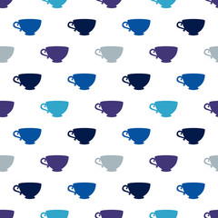 Seamless pattern with a blue cups on a white background