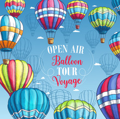 Naklejka premium Vector poster for hot air balloon tour voyage