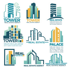 Obraz premium Real estate agency or company vector skyscrapers buildings houses icons templates