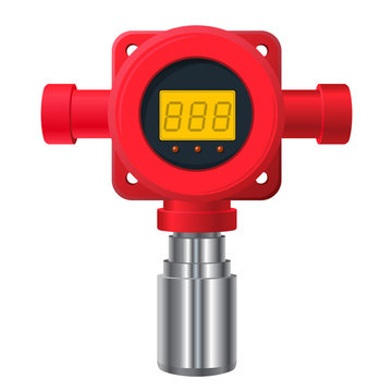 Vector gas detector. Red gas-meter with digital LCD display. Toxic sensor heater, adjustable values. Safety sensor detect poisoning with gas programmable alarm relays.