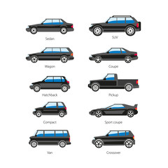 Car or automobile body type names vector flat isolated icons set