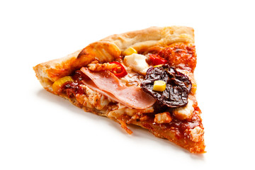 Pizza with ham, corn, mushrooms and dried tomatoes on white background