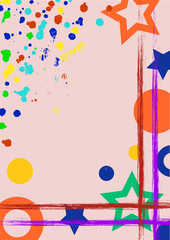 Vector drawn background with frame, border. Grunge template with geometric figures, splash, spray attrition, cracks Artistic graphic design. Graphic illustration. a4 size format, vertical orientation