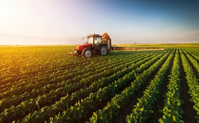 Foto op Plexiglas Tractor Trekker die sojabonenveld besproeit in de lente