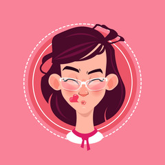 Profile Icon Female Emotion Avatar, Woman Cartoon Portrait Blowing Kiss Face Flat Vector Illustration