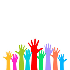Many raised hands on white background
