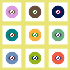 Collection of stylish vector icons in colorful circles human eye