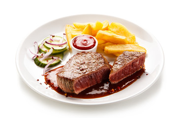 Grilled beefsteak with french fries on white background