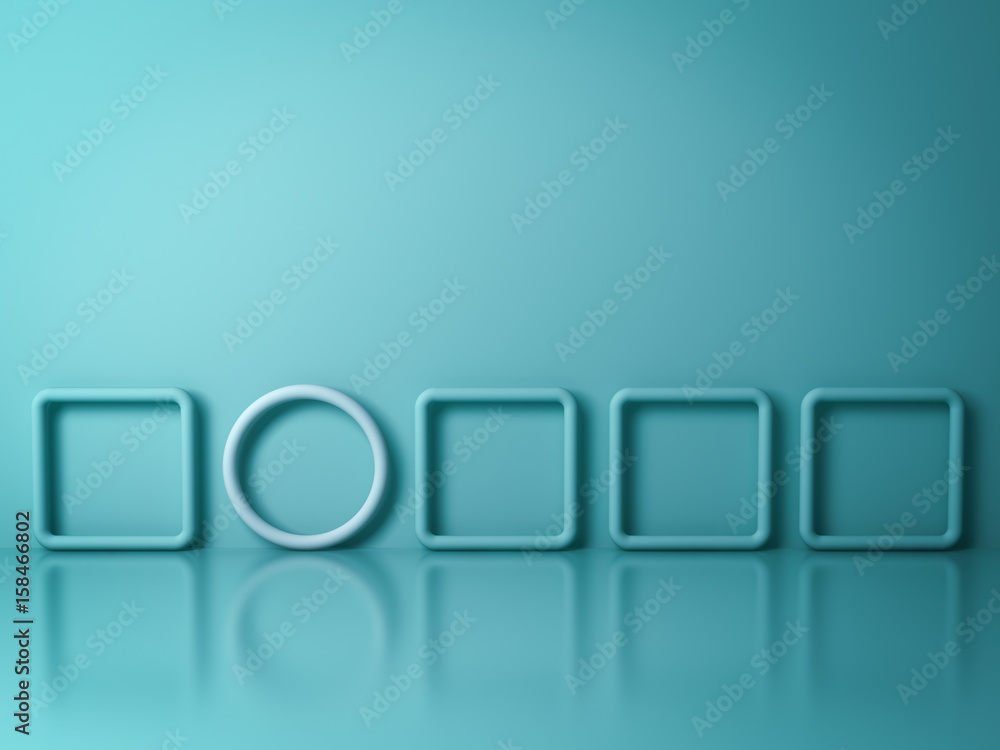 Fototapete Stand out from the crowd and different creative idea concepts , One white circle shape standing among green square shapes on green background in the row with reflections and shadows . 3D rendering.