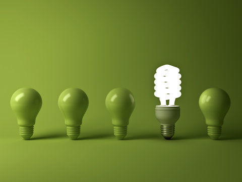 Eco energy saving light bulb , one glowing compact fluorescent lightbulb standing out from unlit incandescent bulbs reflection on green background , individuality and different concept . 3D rendering.