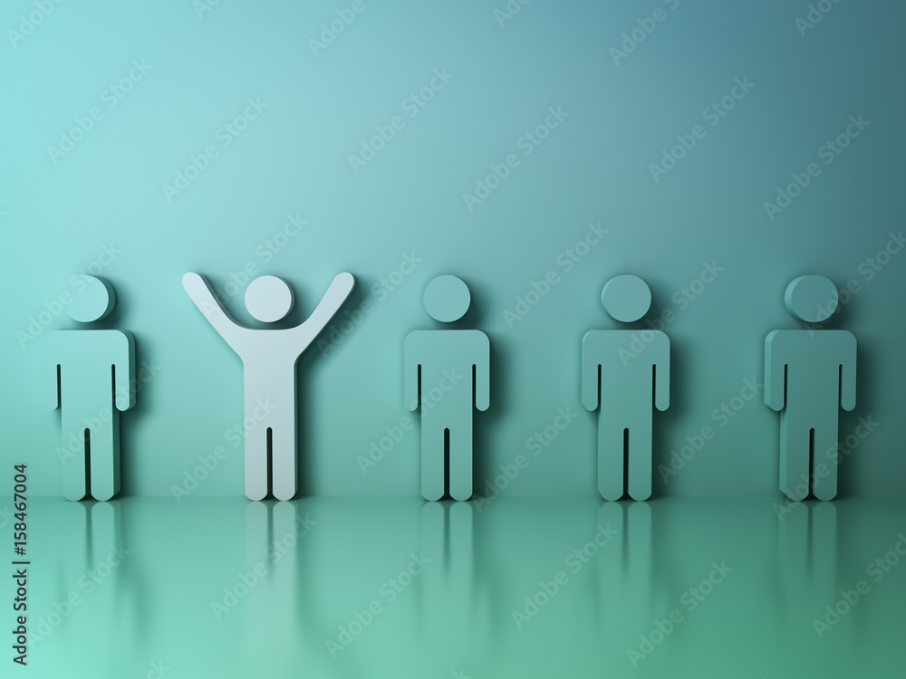 Poster stand out from the crowd and different creative idea concepts , one white man standing with arms wid