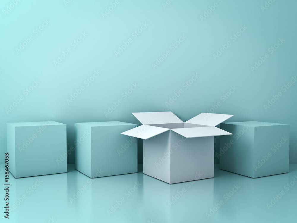 Poster stand out from the crowd and different creative idea concepts , one white open box among closed gree