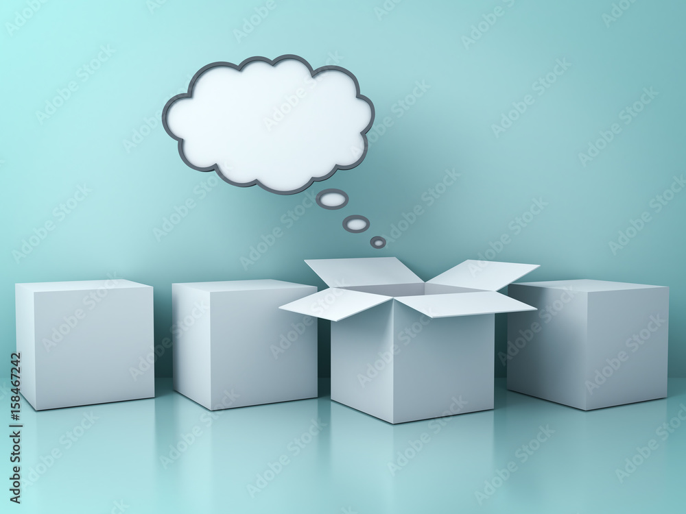 Fototapete Stand out from the crowd and different creative idea concepts , One opened box with blank thought bubble among closed white square boxes on green background with reflections and shadows. 3D rendering.