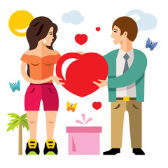 Vector Romantic Couple. Give Love. Valentines Day. Flat style colorful Cartoon illustration.