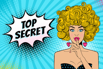 Wow face. Young sexy surprised blonde woman with open mouth holding forefinger at mouth as silence sign, Top Secret speech bubble. Vector background in retro comic pop art style. Invitation poster. - 158467837