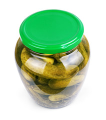 Jar of canned cucumbers isolated on white