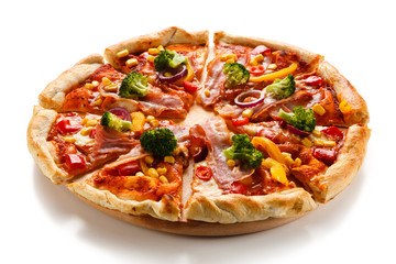 Pizza with beacon, broccoli and corn on white background