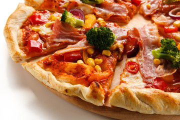 Pizza with beacon, broccoli and corn on white background
